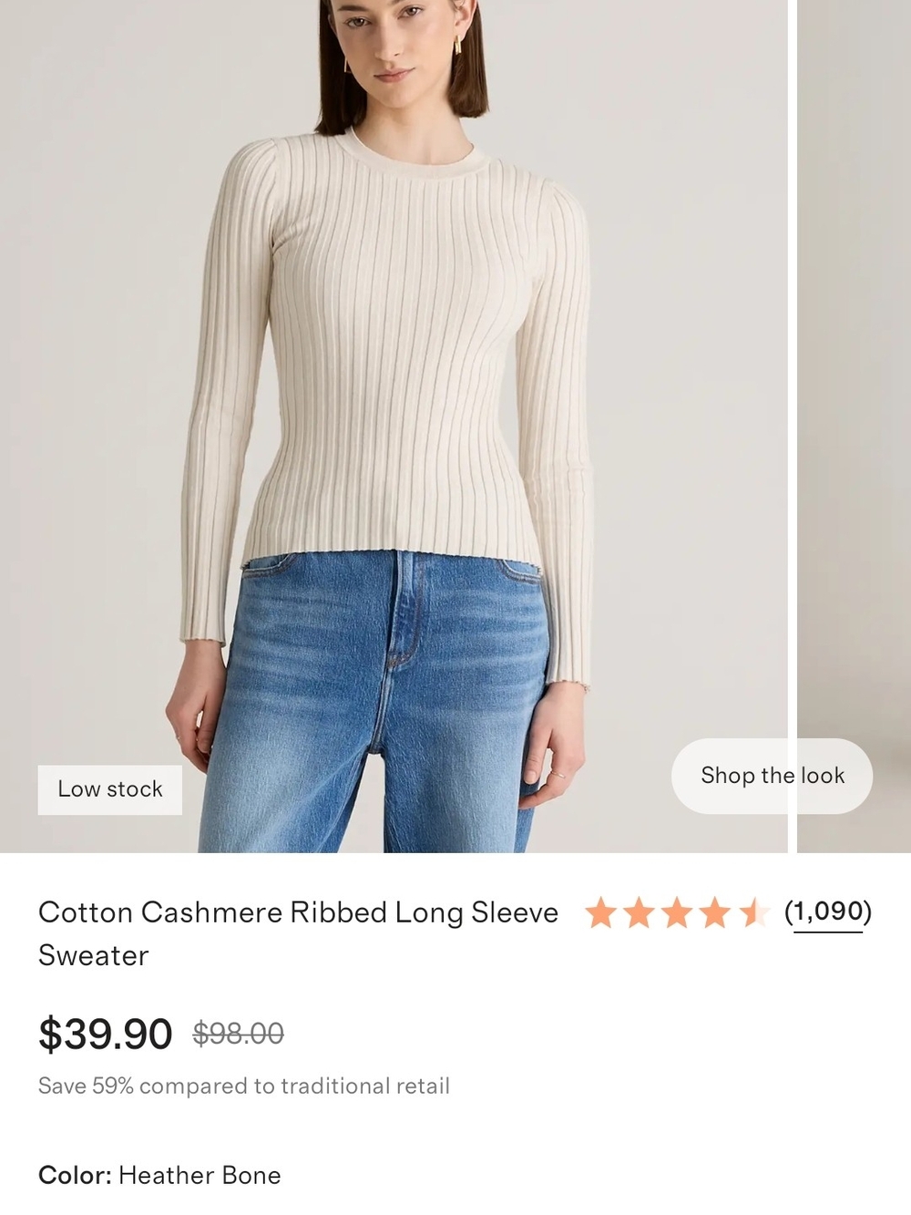 Quince Heather Bone Ribbed Cotton-Cashmere Crew Sweater